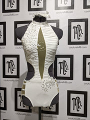 Leotard with hip cutouts, roushing, skirt & embellishments