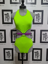 Flashy cutout halter leotard with hoop center