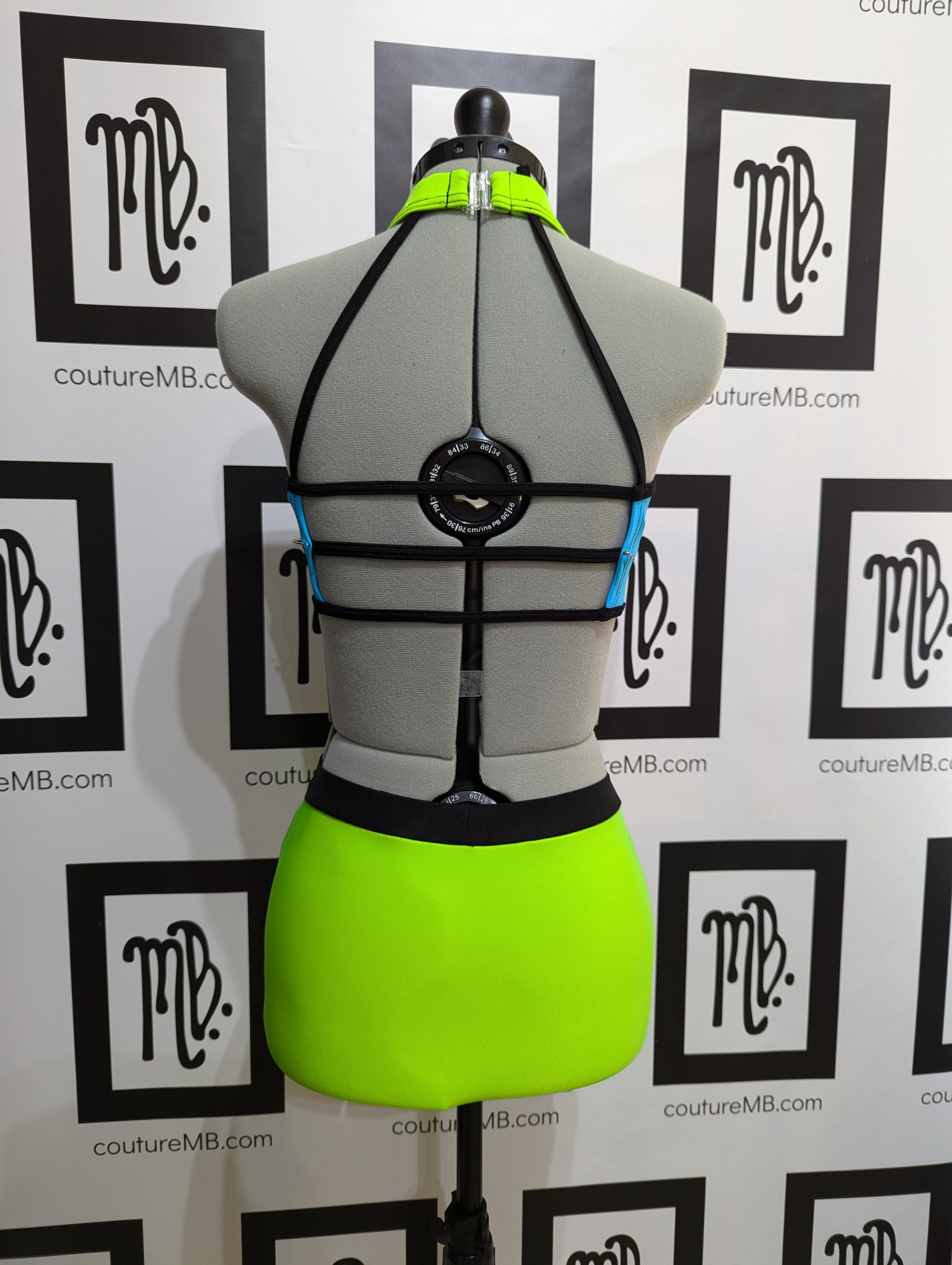 Green aqua lime neon bright black MB 26 (adult S) leotard with mesh