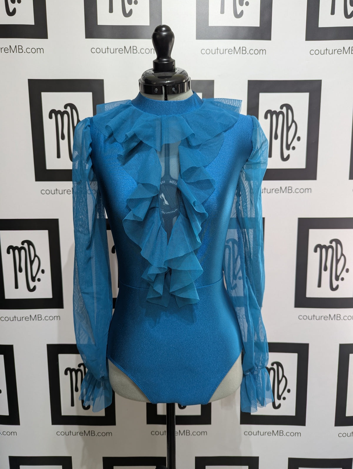Teal turquoise MB 26 (adult small) ruffle leotard with mesh pant