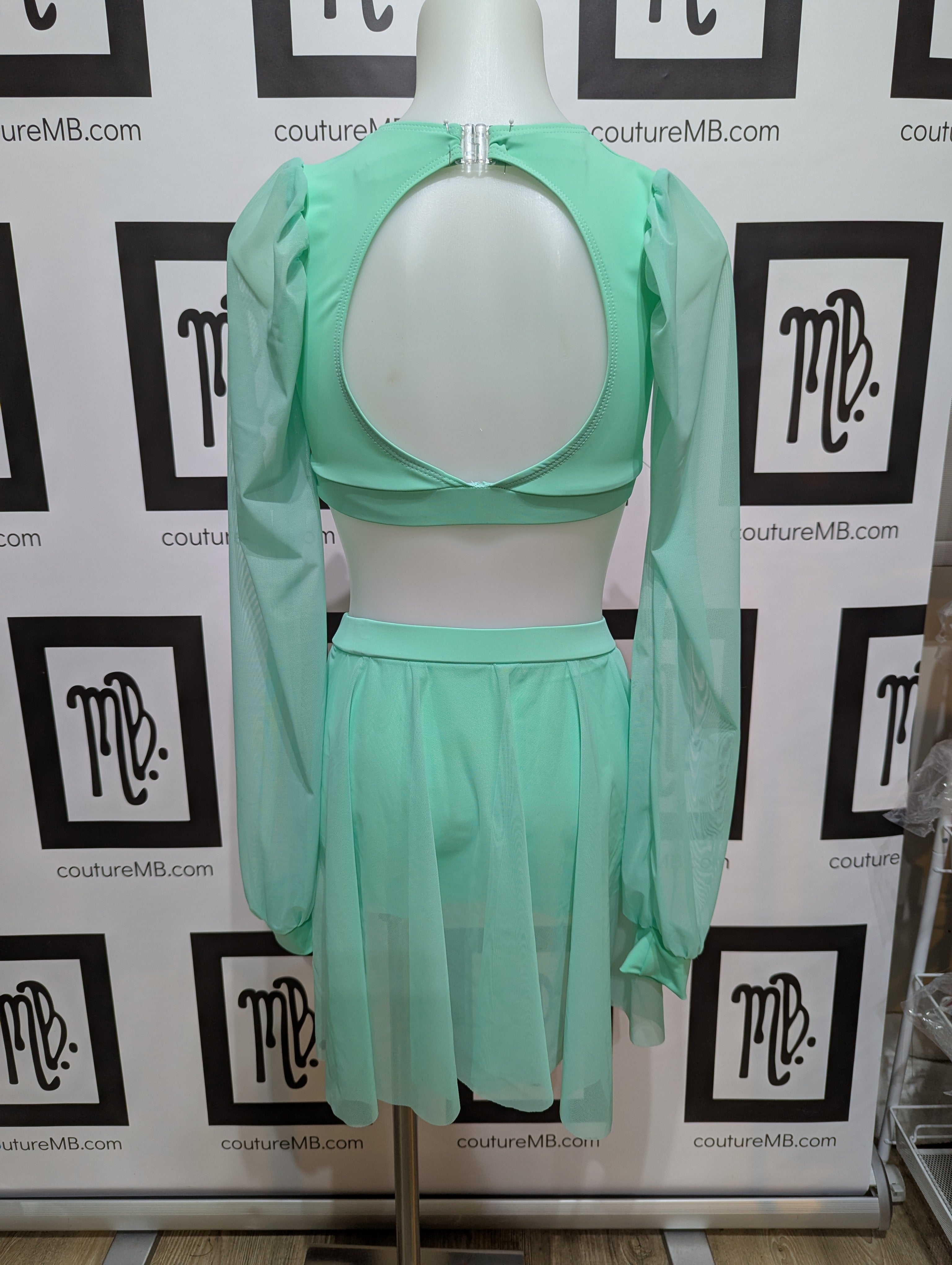 2 two piece leotard with sleeves skirt mesh overlay