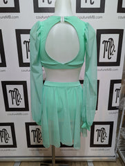 2 two piece leotard with sleeves skirt mesh overlay