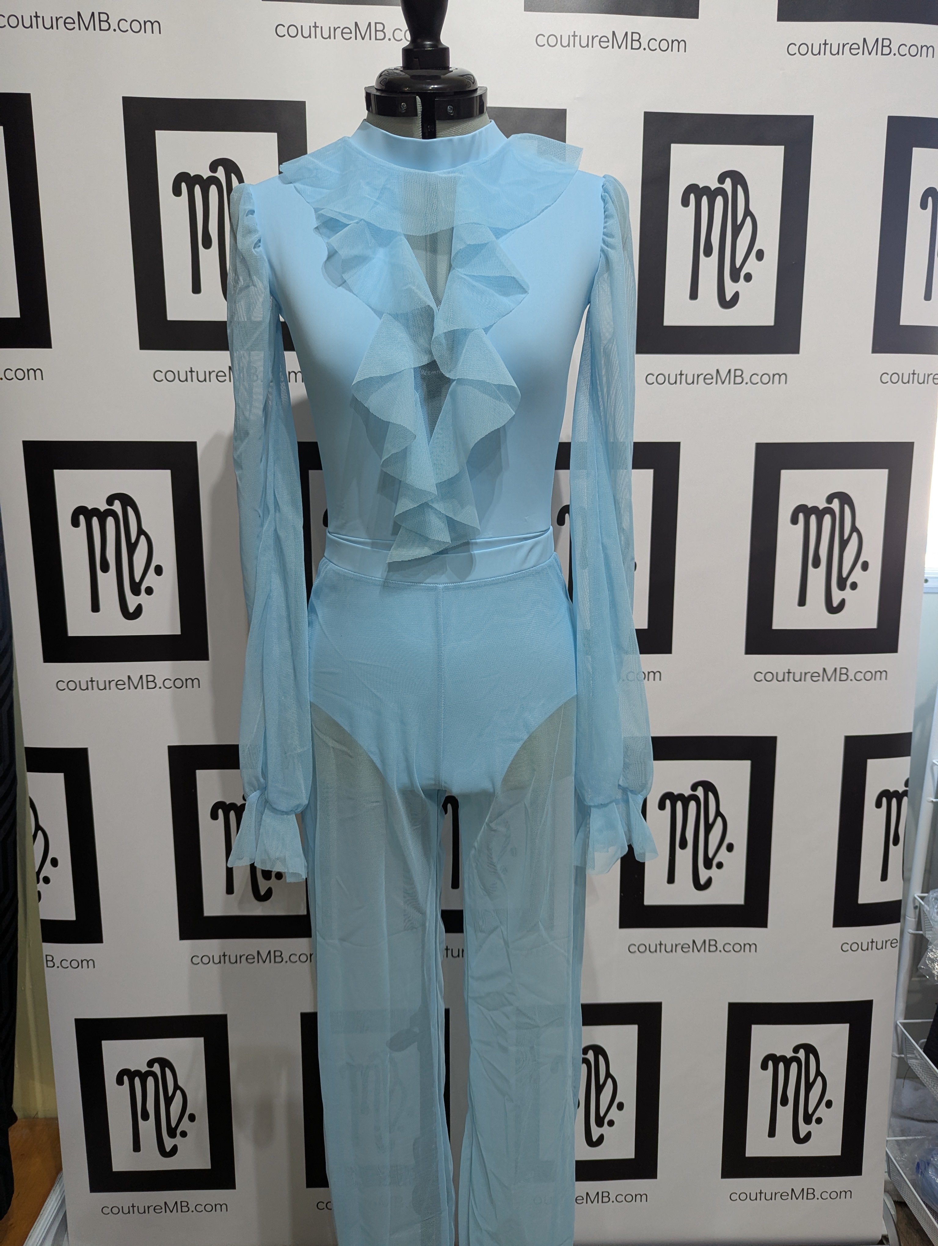 Teal turquoise MB 26 (adult small) ruffle leotard with mesh pant