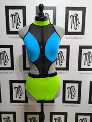 Green aqua lime neon bright black MB 26 (adult S) leotard with mesh