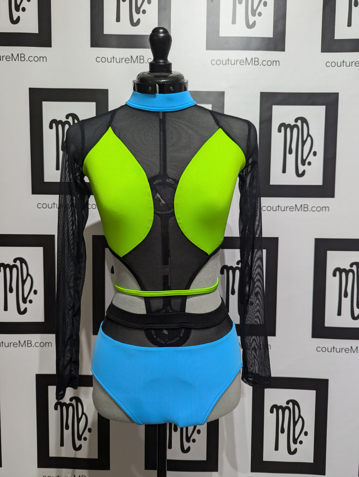 Green aqua lime neon bright black MB 26 (adult S) leotard with mesh, sleeves