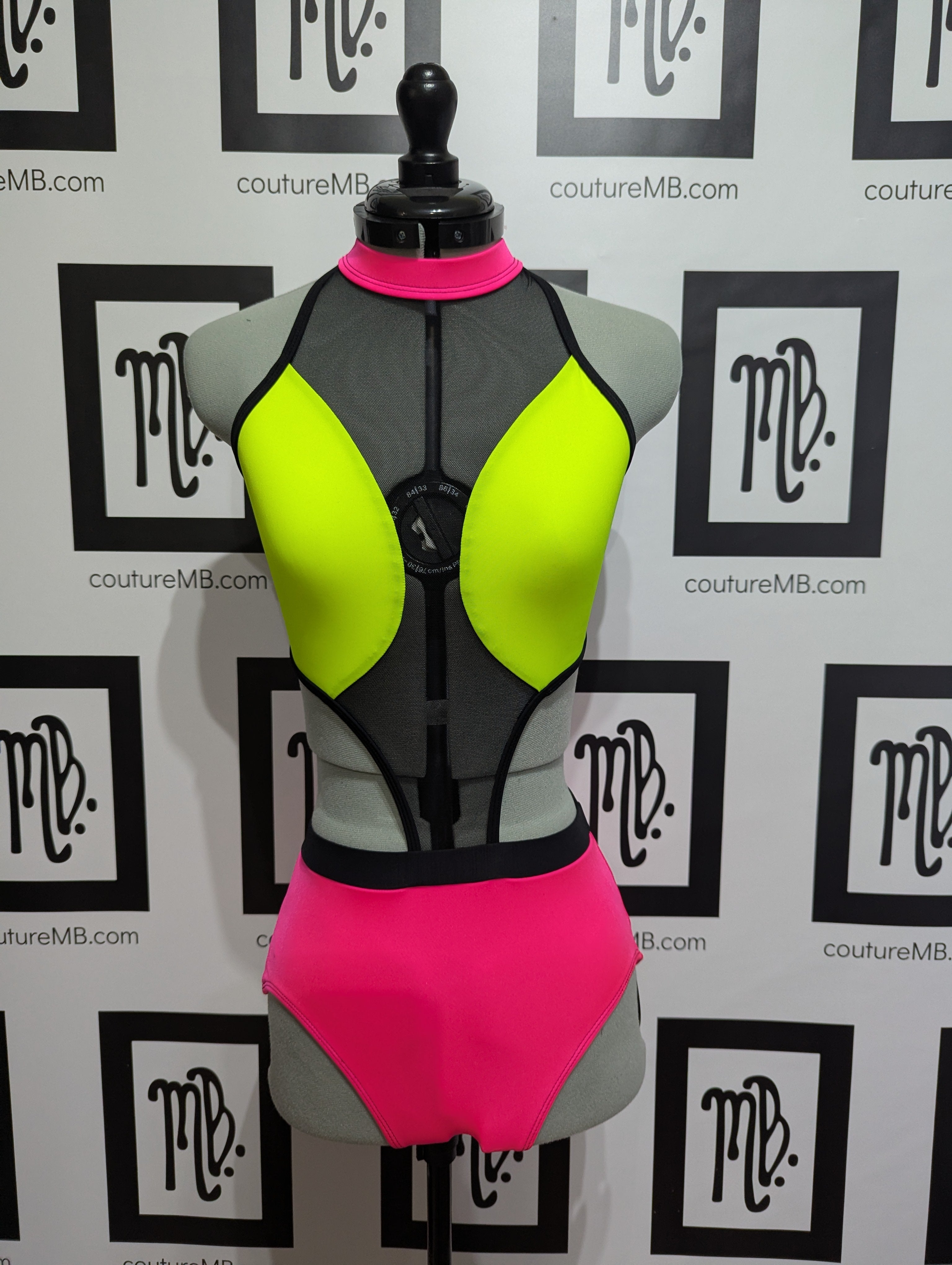 Green aqua lime neon bright black MB 26 (adult S) leotard with mesh