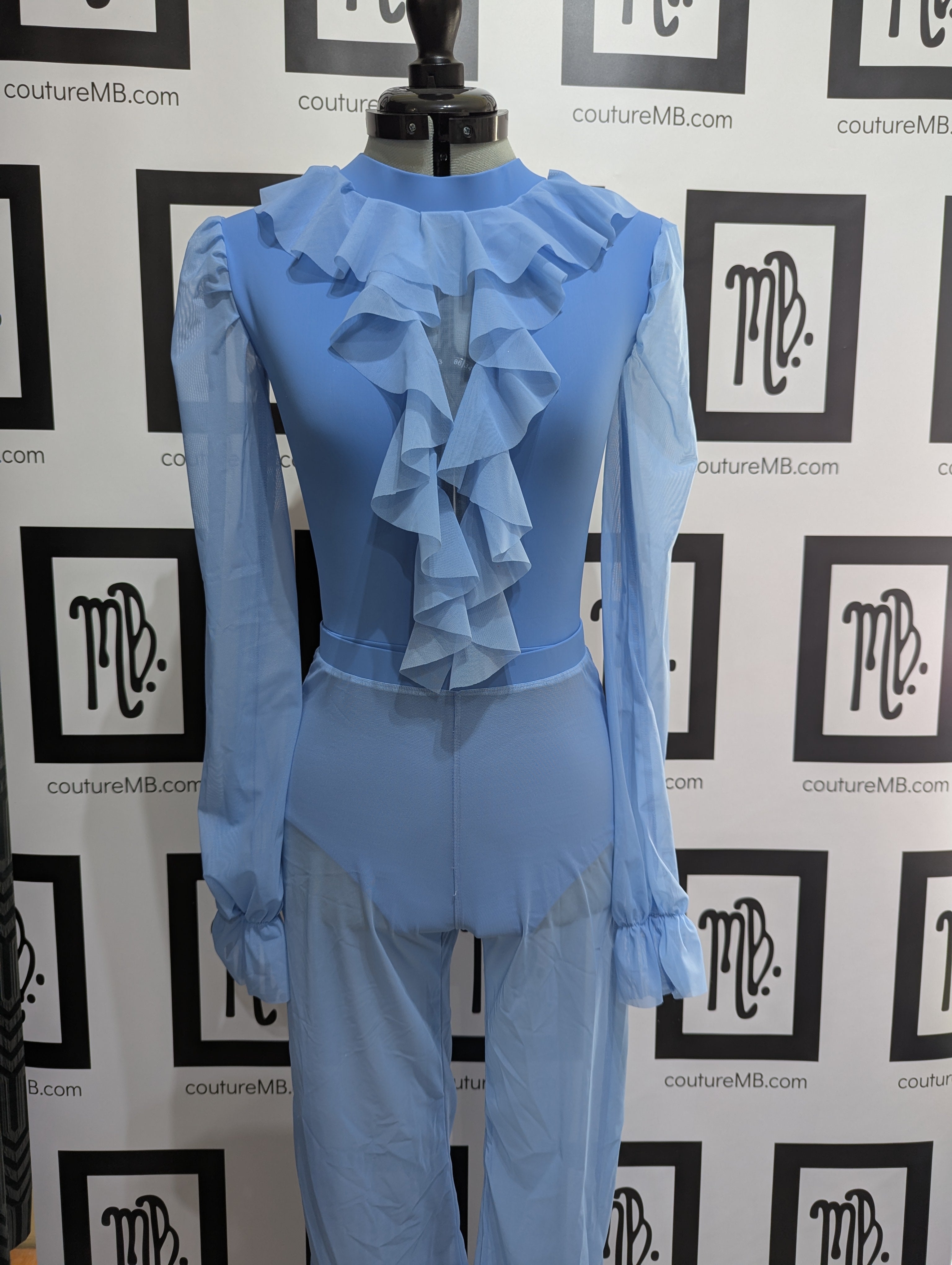 Teal turquoise MB 26 (adult small) ruffle leotard with mesh pant