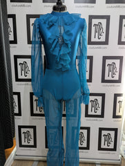 Teal turquoise MB 26 (adult small) ruffle leotard with mesh pant